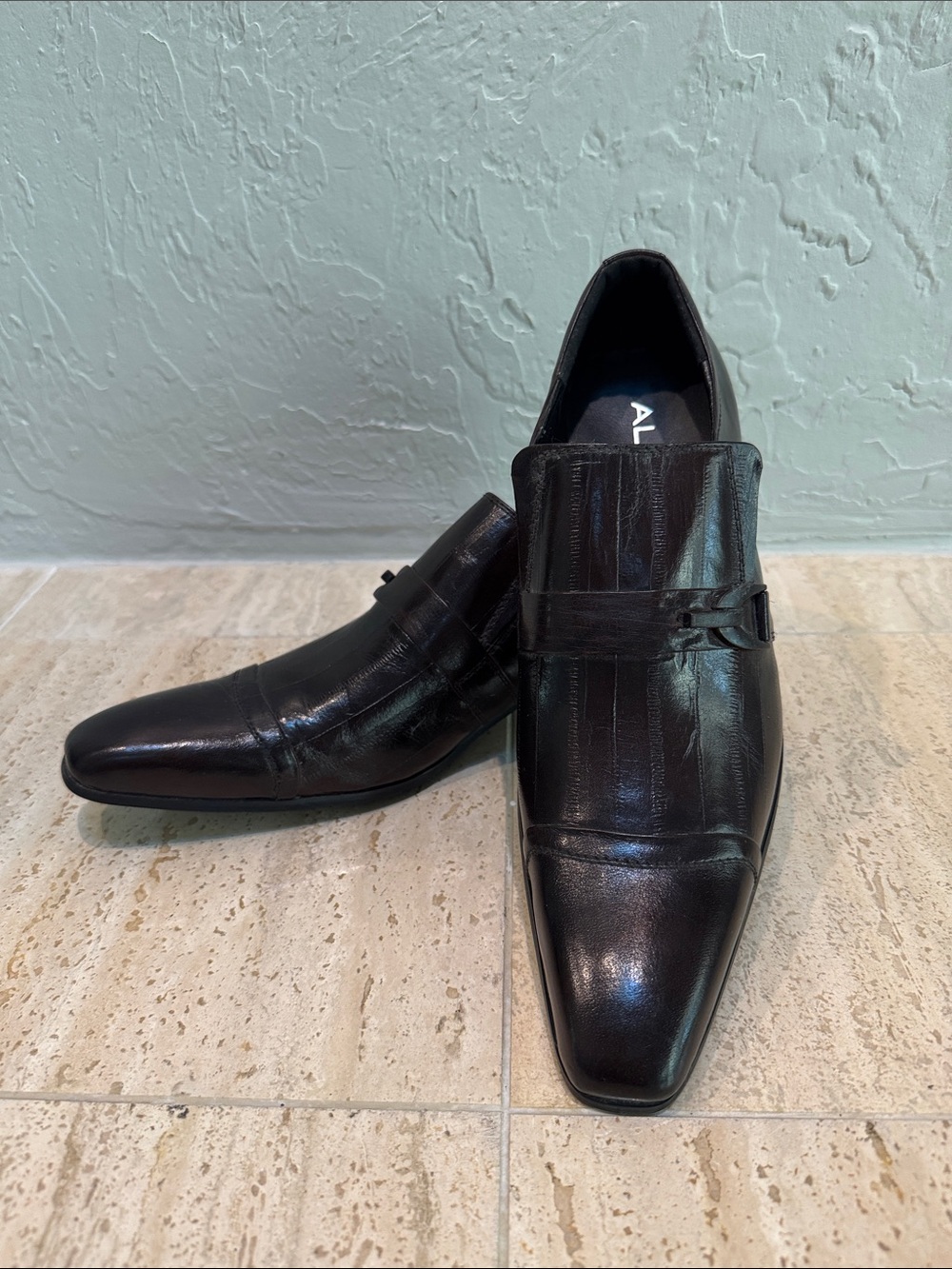 Aldo Dark Brown Leather Slip-On Dress Shoes with Strap Detail. Size 11